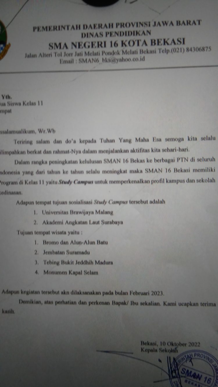 Uding Kepsek SMAN 16 Kota Bekasi Diduga Tidak Sanggup Mengendalikan Pungli Disekolahnya, IPP Dan Uang Gedung Buat Ortu Meringis .